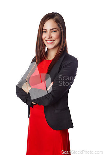 Image of Isolated, business and portrait of woman with arms crossed in white background studio for management, leadership and fashion. Happy, smile and confident with girl standing alone for cute and formal