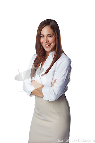Image of Happy woman, smile and standing isolated on a white background in leadership, management or CEO. Portrait of confident business female, person or lady smiling in happiness for profile, career or job