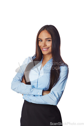 Image of Isolated, business and portrait of woman with mockup in white background studio for management, leader and fashion. Happy, smile and confident with Brazilian girl and arms crossed for career mindset