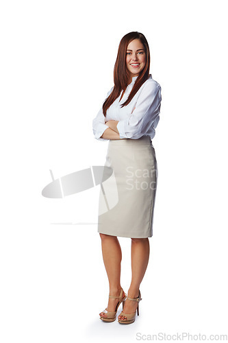 Image of Isolated, business and portrait of woman with mockup in white background studio for management, leader and fashion. Happy, smile and confident with New York girl and arms crossed for career mindset