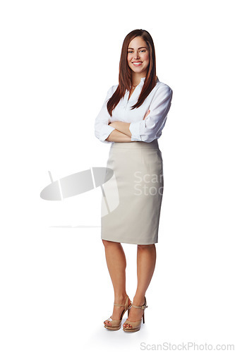 Image of Isolated, business and portrait of woman with mockup in white background studio for management, leader and fashion. Happy, smile and confident with New York girl and arms crossed for career mindset