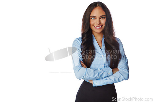 Image of Smile, arms crossed and portrait of business woman for marketing, innovation or vision. Happy, mockup and fashion with isolated female employee for mindset, career or goal in white background studio