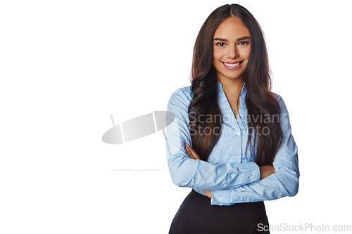Image of Isolated, business and portrait of woman with mockup in white background studio for management, leader and fashion. Happy, smile and confident with Brazilian girl and arms crossed for career mindset