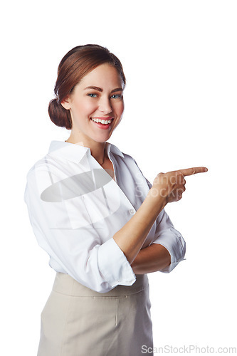 Image of Portrait, pointing and happy woman with finger gesture isolated against a studio white background. Excited, confident and smiling businesswoman showing copy space for a promo deal