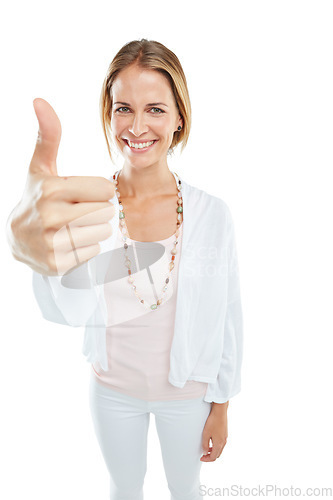 Image of Thumbs up, woman and smile in portrait with agreement, feedback and positive review isolated on white background. OK, success and motivation with hand zoom, happy woman with yes vote mockup and emoji