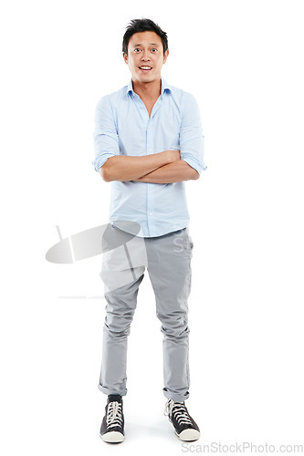 Image of Business man, studio portrait and arms crossed in studio for surprise, confused or shocked emoji. Male asian model isolated on a white background for wow fashion or business news announcement