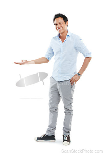 Image of Young businessman, success smile and open hands or standing ready for employee happiness, positive mindset and isolated in white background. Man, happy gesture and confident entrepreneur in studio