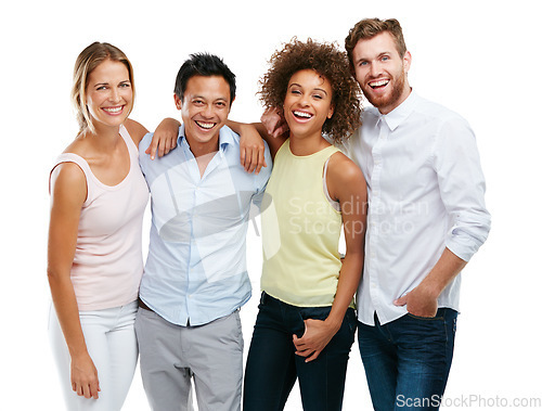 Image of Diversity, people and friends laughing while standing together in friendship against a white studio background. Portrait of isolated diverse group smiling in unity for community on white background