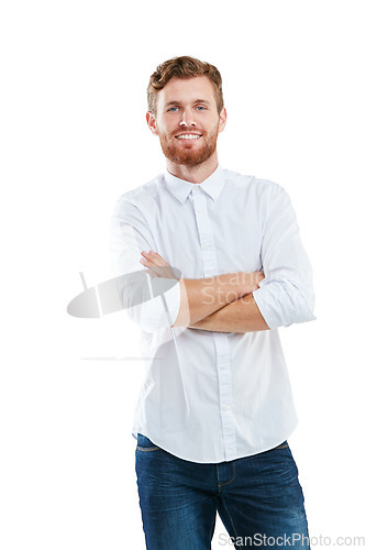 Image of Fashion, happy and portrait of a man model in a studio with a stylish, casual and luxury outfit. Natural, smile and young male with style, cool and trendy clothes isolated by a white background