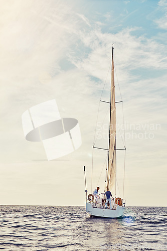 Image of Couple, retirement or luxury sailing yacht on ocean, sea or water vacation holiday, hobby break or Greece summer. Man, woman or people on investment boat in success travel location for nature freedom