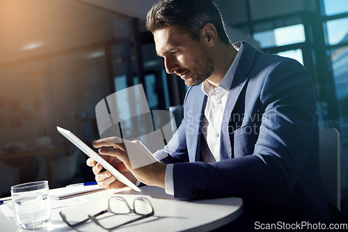 Image of Thinking man, tablet and working investment financial worker with web finance analytics data. Office, business man and accounting manager typing a fintech strategy for corporate stock market company