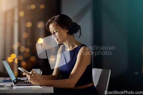 Image of Phone, night or business woman typing online review of financial portfolio, forex stock market database or nft. Bitcoin mining research, trading office or female trader text crypto investment contact