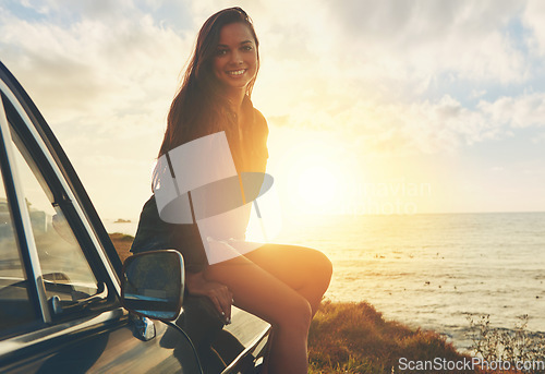 Image of Road trip, vintage sunset and woman in portrait by sea for travel, journey and happy summer vacation. Youth, gen z driver and girl by lake, ocean or river for outdoor adventure on a black retro car