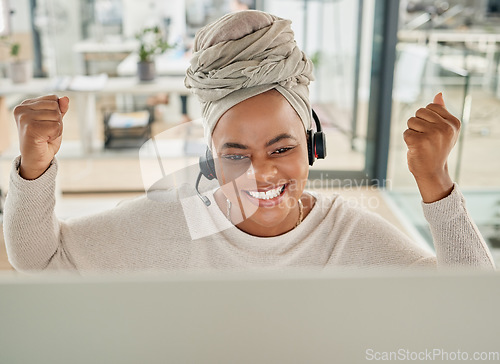 Image of Black woman, success fist or call center computer in telemarketing deal, contact us sales or customer support target. Smile, happy receptionist or celebration on technology for lead generation goals