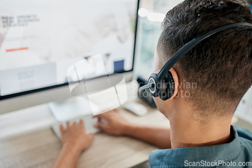 Image of Microphone, contact us or call center consultant networking, talking or speaking of a financial loan policy. Contact us, telemarketing job or crm salesman in conversation with client on help screen