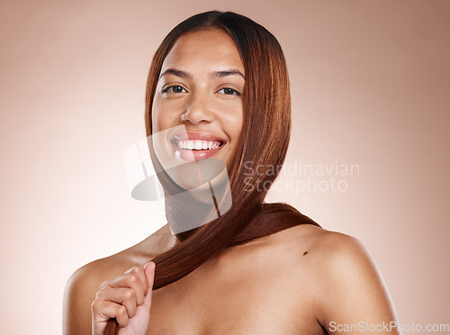 Image of Hair care, beauty salon and cosmetics portrait of a woman on studio background for luxury keratin treatment. Smile of a female posing for a hairdresser, spa and wellness mockup with healthy growth