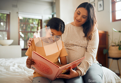 Image of Pregnant mother reading to child for learning, language and home development help, support and bonding. Family, Indian people or mom and kid with storytelling book and creative education or teaching