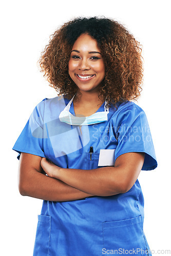 Image of Nurse, arms crossed and portrait of black woman in studio isolated on white background. Medic, healthcare and confident, proud and happy female medical physician from Nigeria ready for wellness goals