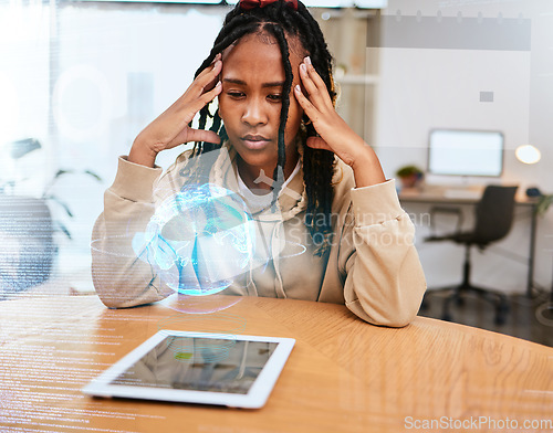 Image of Tablet, thinking and woman with globe hologram for virtual elearning, globalization or future learning innovation. Knowledge development, data overlay and black student study global education growth