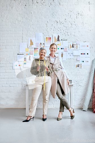 Image of Fashion, designer and teamwork portrait of women in workshop for creative partnership. Collaboration, small business and senior female tailors in boutique with vision, mission and success mindset.