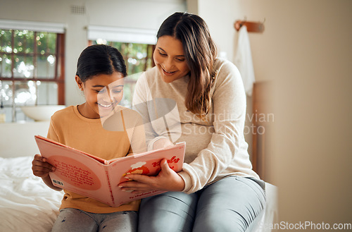 Image of Pregnant mother reading to kid for fun learning, language and home development help, support and bonding. Family, Indian people or mom and child, storytelling book for creative education or teaching