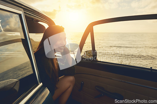 Image of Relax, thinking and woman on road trip at the beach for summer, freedom and car travel in Spain. Smile, adventure and girl driving on holiday at ocean for happiness, content and peace with transport