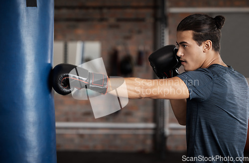 Image of Boxing, exercise and man with focus for fight training and gym fitness ready for sports. Workout, wellness and health club with a young male athlete and boxer in a ring with punching bag alone