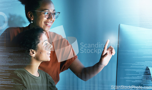 Image of Manager help employee, hologram and programming with computer, cyber security and cloud computing. Process, woman speaking to consultant and explain systems, code or programmer talks to IT specialist