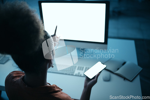 Image of Space, screen and woman working at night in office, research and idea with mockup. Screen display, smartphone and online copy space by business woman search at night for creative, design and project