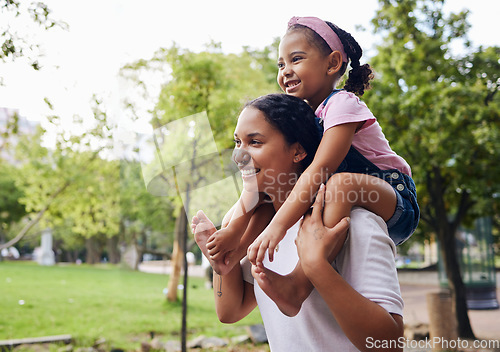 Image of Back, mother carry girl and in park for fun, happiness and bonding on weekend break, loving and quality time. Mama, mom and female child on shoulders, nature and playful together, summer and outdoor