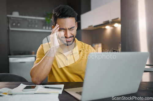 Image of Man with headache, laptop for remote work and pain from stress and burnout, frustrated with glitch and overworked. Health, tired and job fatigue, working from home with 404 on pc and wifi problem