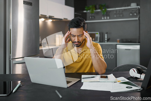 Image of Businessman, home office and headache by laptop in kitchen for seo data analysis, small business or goal. Digital entrepreneur, copywriting business owner and stress with anxiety for planning vision