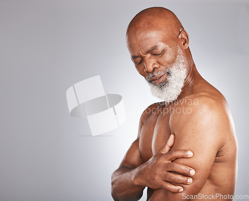 Image of Arm pain, injury and senior black man with muscle inflammation, body accident and broken bone on studio background. Healthcare, anatomy and African elderly model with painful biceps and mockup space