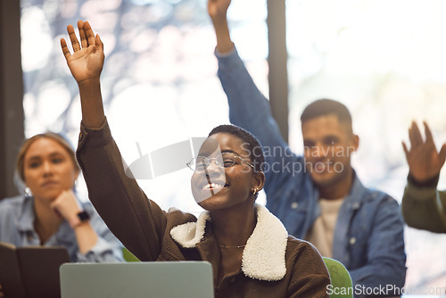 Image of Black woman learning, class and education with student, question with hand raised and excited for study scholarship. University, studying and lecture, academic growth and college student in classroom