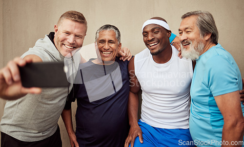 Image of Happy men, phone selfie and exercise group with motivation of fitness on wall background. Smile, sports and male friends taking photograph together in community workout, wellness support or diversity