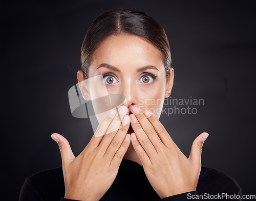 Image of Woman, portrait and hands on mouth for wow, shock and makeup for beauty, cosmetics and black background. Model, face and surprise eyes with dark aesthetic, skin glow and results by studio backdrop