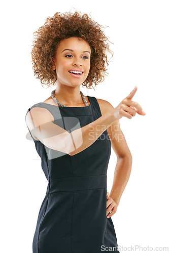 Image of Black woman, hand and pointing by business woman in studio for advertising on white background. Woman, hand gesture and entrepreneur with vision for marketing, idea and isolated for product placement