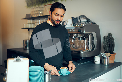 Image of Barista, coffee and man with espresso in cafe thinking or planning ideas for cafe, warm beverage or business decision. Waiter, working and small business restaurant or with coffee machine in store