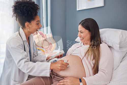 Image of Ultrasound doctor, woman excited and hospital bed with happiness, support and family planning for future. Black woman medic, pregnant woman and medical tech consulting on stomach for wellness of baby
