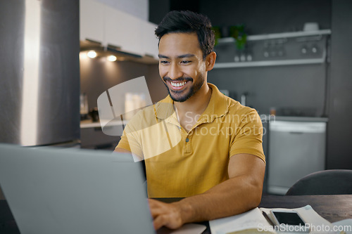 Image of Man work from home, laptop and typing, copywriter writing article with internet research and smile in apartment. Copywriting, creative and SEO, digital marketing worker with pc and wifi connectivity