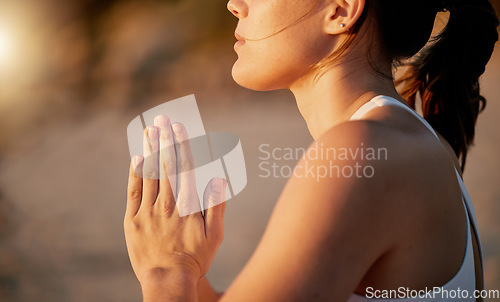 Image of Prayer hands, yoga meditation and profile of woman outdoors for health and wellness. Zen chakra, pilates fitness and female yogi with namaste hand pose for praying, training and mindfulness exercise.