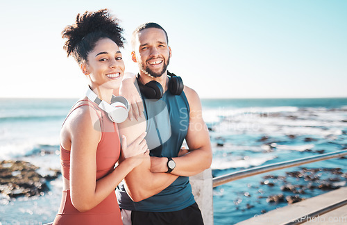 Image of Portrait, fitness and mock up with a couple by the sea for a workout or running for cardio and endurance together. Exercuse, runner and mockup with a sports man and woman training by the ocean