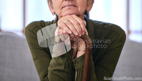 Image of Senior woman, health and hands on walking stick for disability, support and old age in retirement. Healthcare, thinking and elderly lady with wooden cane for arthritis, osteoporosis and help to walk