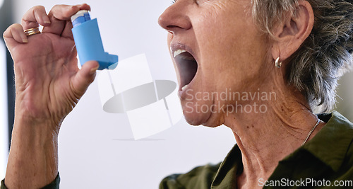 Image of Asthma, oxygen and senior woman with a pump for breath, medical help and healthcare into mouth. Medicine, spray and elderly person with medication treatment helping to breathe with an inhaler