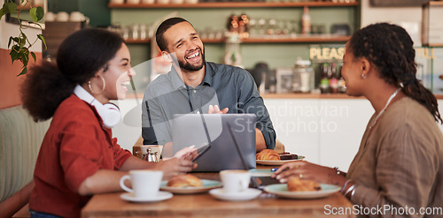 Image of Team, remote working and brainstorming in cafe, talking and planning for group project, strategy and happiness. Staff, leader and teamwork in coffee shop, laptop for online schedule and connection