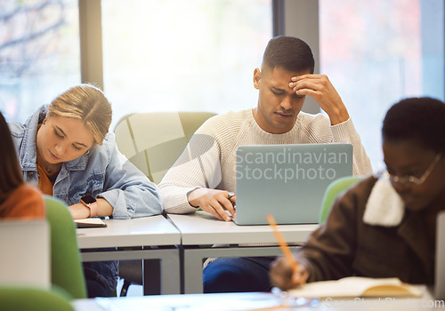 Image of Laptop, stress and man studying, headache and education for knowledge, test and depression. Mental health, male student and academic with computer glitch, online reading and burnout with study notes