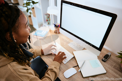 Image of Computer, mockup screen and black woman typing feedback review of social media, customer experience or website. Digital tech, education and student doing college, university or online school research