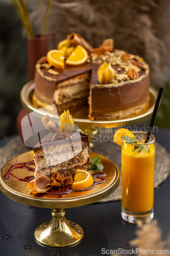 Image of Still life of rustic chocolate cake
