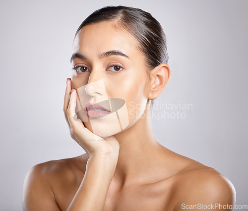 Image of Woman, skincare and portrait of a beauty model for face collagen and makeup product. Isolated, white background and aesthetic person with skin glow from dermatology, spa and facial in studio