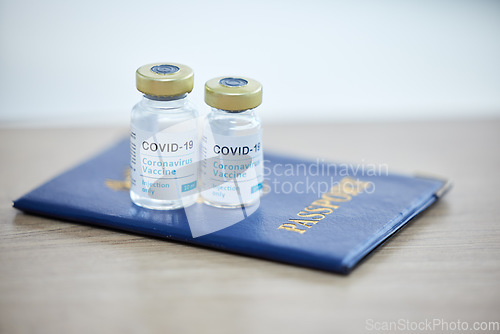 Image of Covid vaccine vial, passport and travel compliance for medical safety, security and international regulation healthcare. Covid 19 virus, medicine and rules for tourism control during corona pandemic